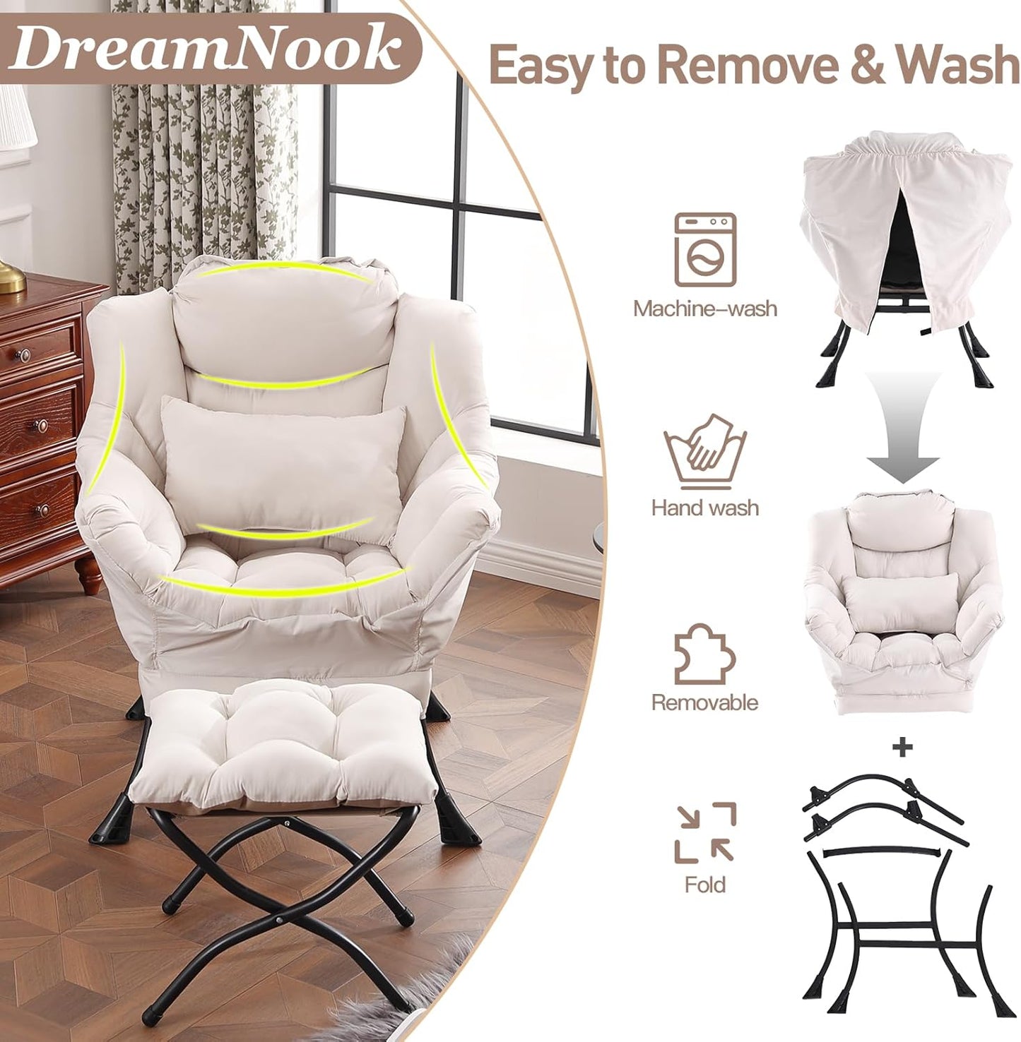 Lazy Chair with Ottoman, Modern Accent Chair with Lumbar Pillow, Comfy Chairs with Folding Footrest for Bedroom, Reading, Oversized Supportive Lounge Chairs(Beige)