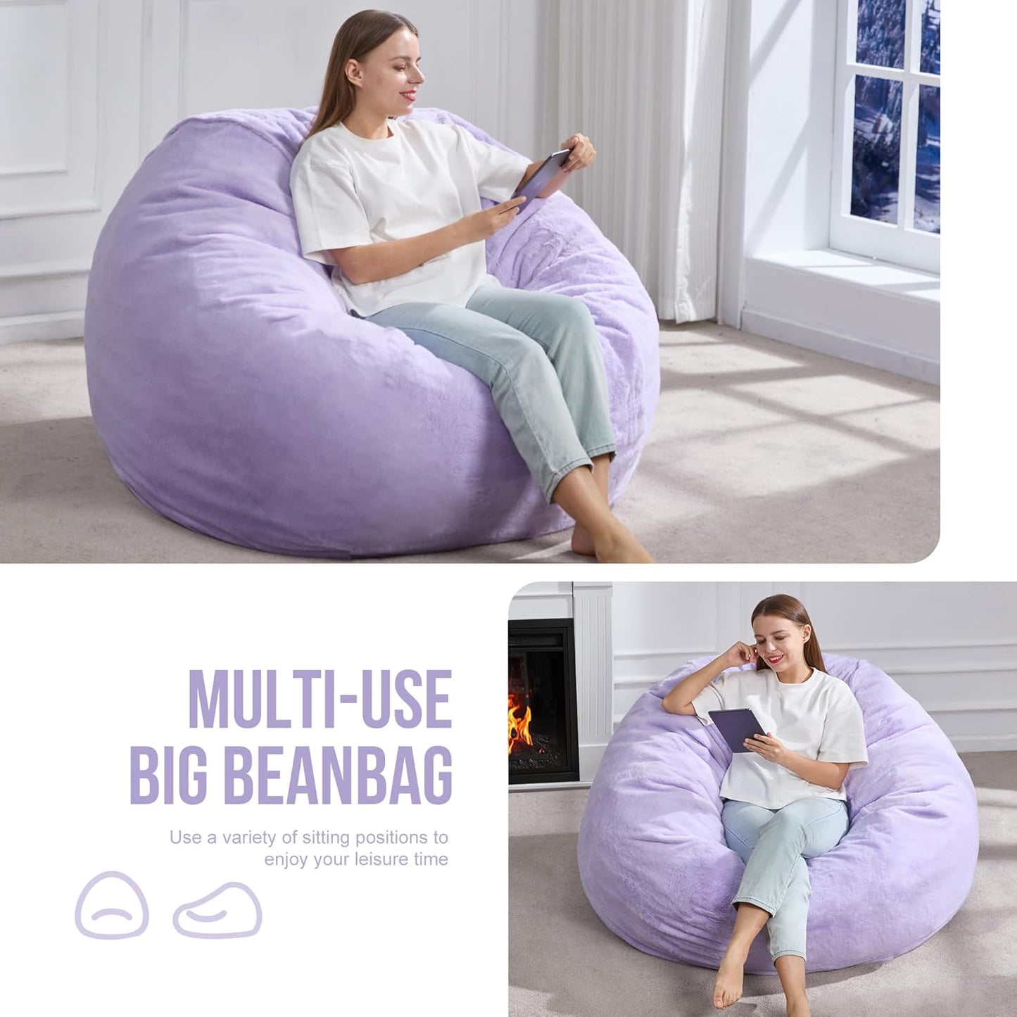 Hobestluk 4ft Bean Bag Chairs for Adults Large Beanbag Chair with Plush Faux Fur Cover Big Bean Bag Chair for Living Room Bedroom Dorm Office - Purple (44” x 44” x 24”)