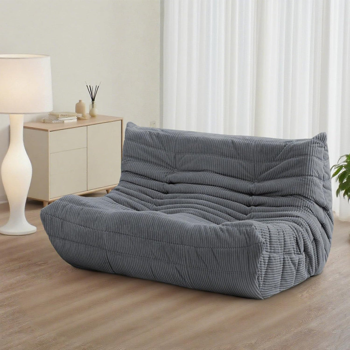 Fireside Loveseat Mid-Century Armless Sofa — Twin-Size Floor Lounger in Soft Premium Corduroy, Foam-Filled Accent Chair for Living Room or Bedroom (Grey, Two Seater)