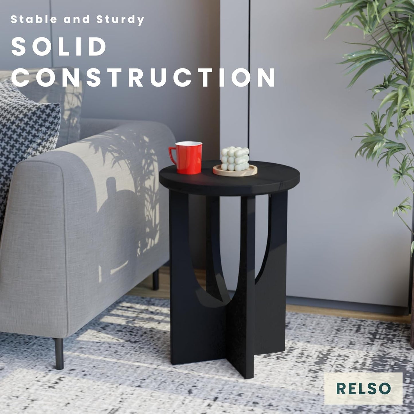 Stupa Solid Wood End Table – 22" Tall Round Side Table for Living Room or Bedroom, Handcrafted Accent Table in Distressed Black Finish, Easy Assembly, Modern Minimalist Design for Small Spaces