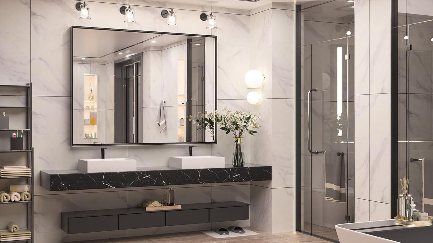 Keonjinn Black Bathroom Mirror 48” x 40” Wall Mirror for Bathroom Vanity Large Metal Frame Rectangle Mirror for Over Sink Rectangular Farmhouse Square Corner Framed Mirror(Horizontal/Vertical)