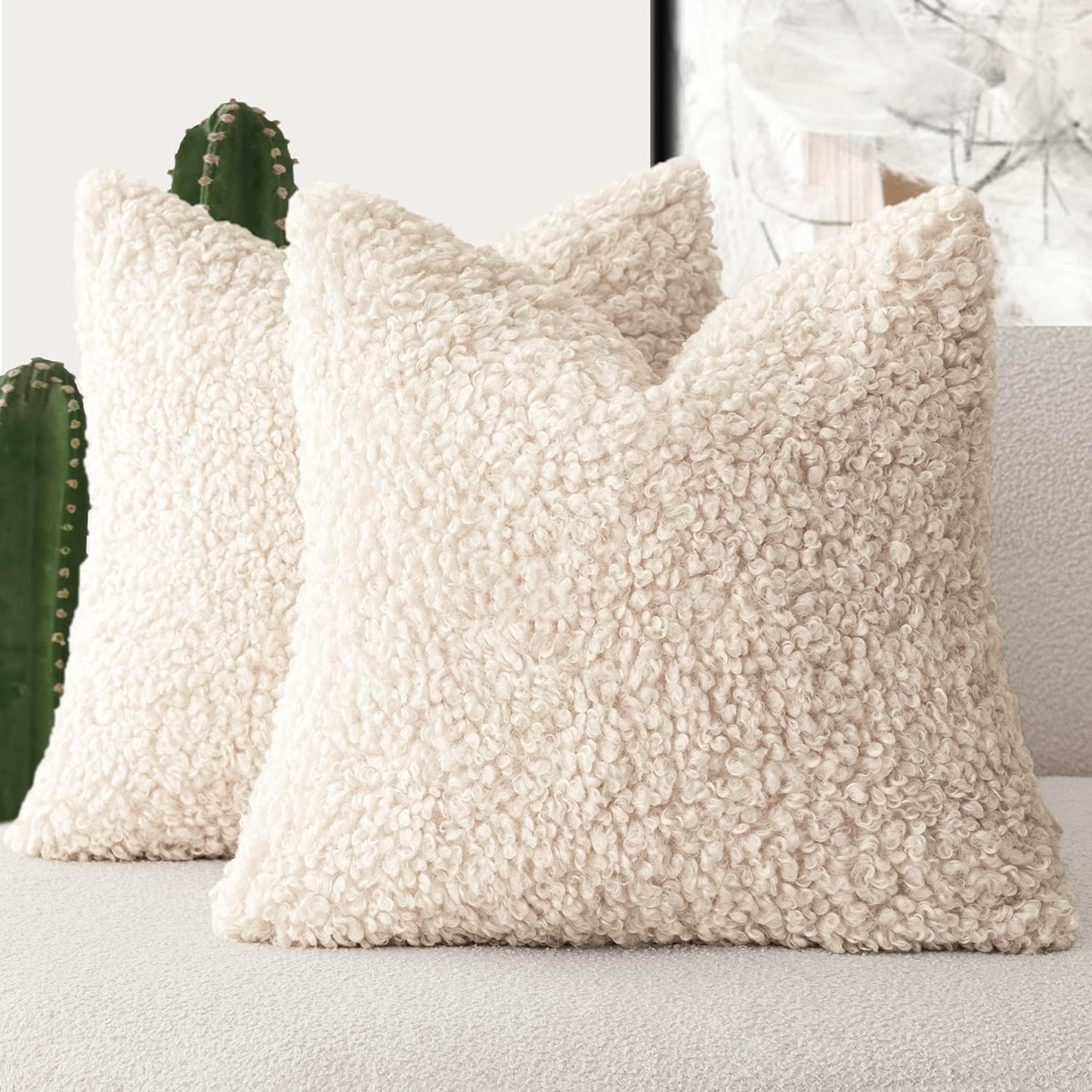Foindtower 2 Pieces 20x20 Inch Cream Beige, Faux Fur Throw Pillow Cover Accent Sherpa Furry Pillow Covers Fuzzy Soft Pillowcases Cozy Sheepskin Decorative Fleece Cushion Case for Bed Couch Living Room