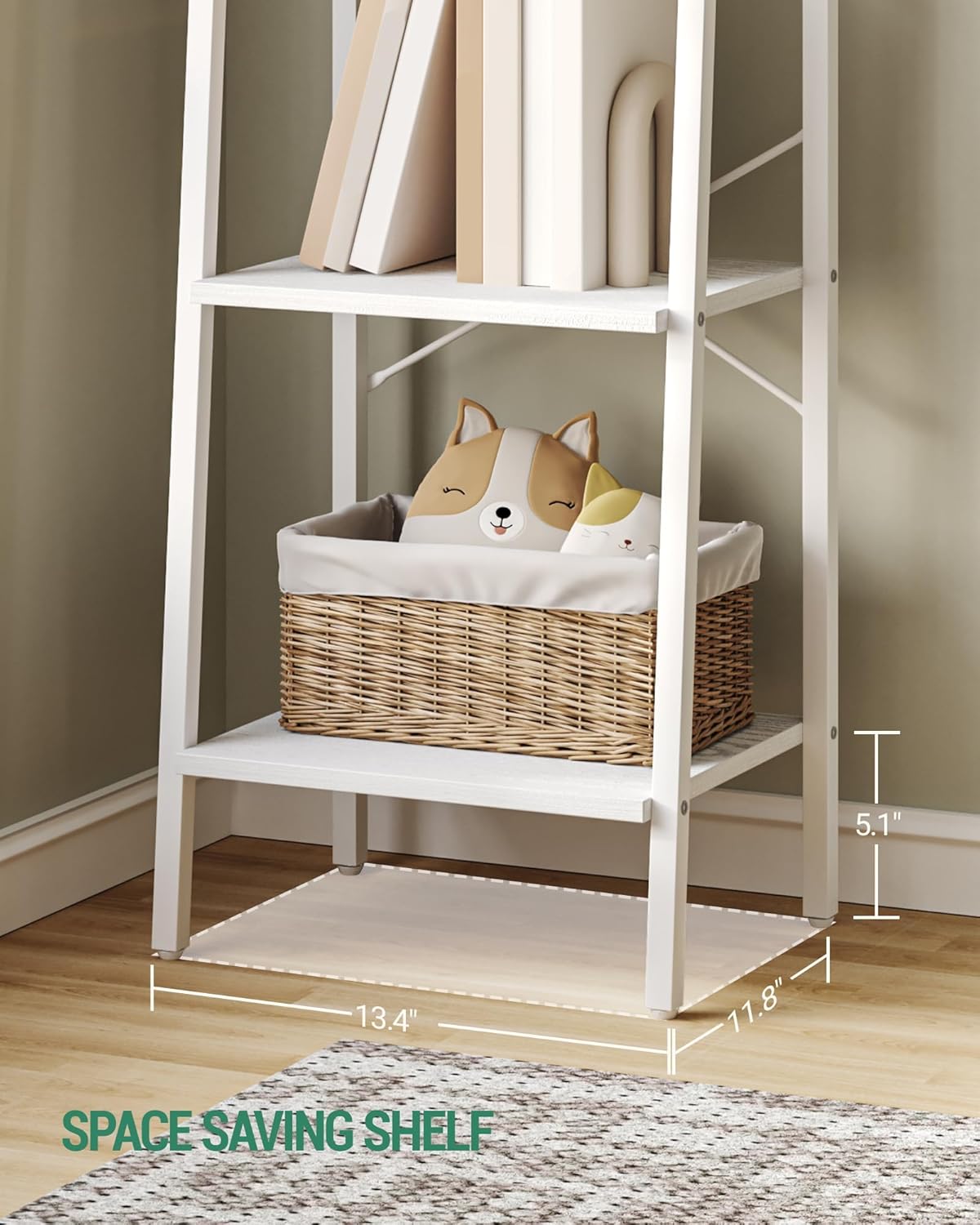 Ladder Shelf, Bookshelf Bookcase, Freestanding Corner Storage Shelve with 2 Hooks for Home Office, Living Room, Kitchen, Bedroom, Industrial, 5-Tier White BC03213W