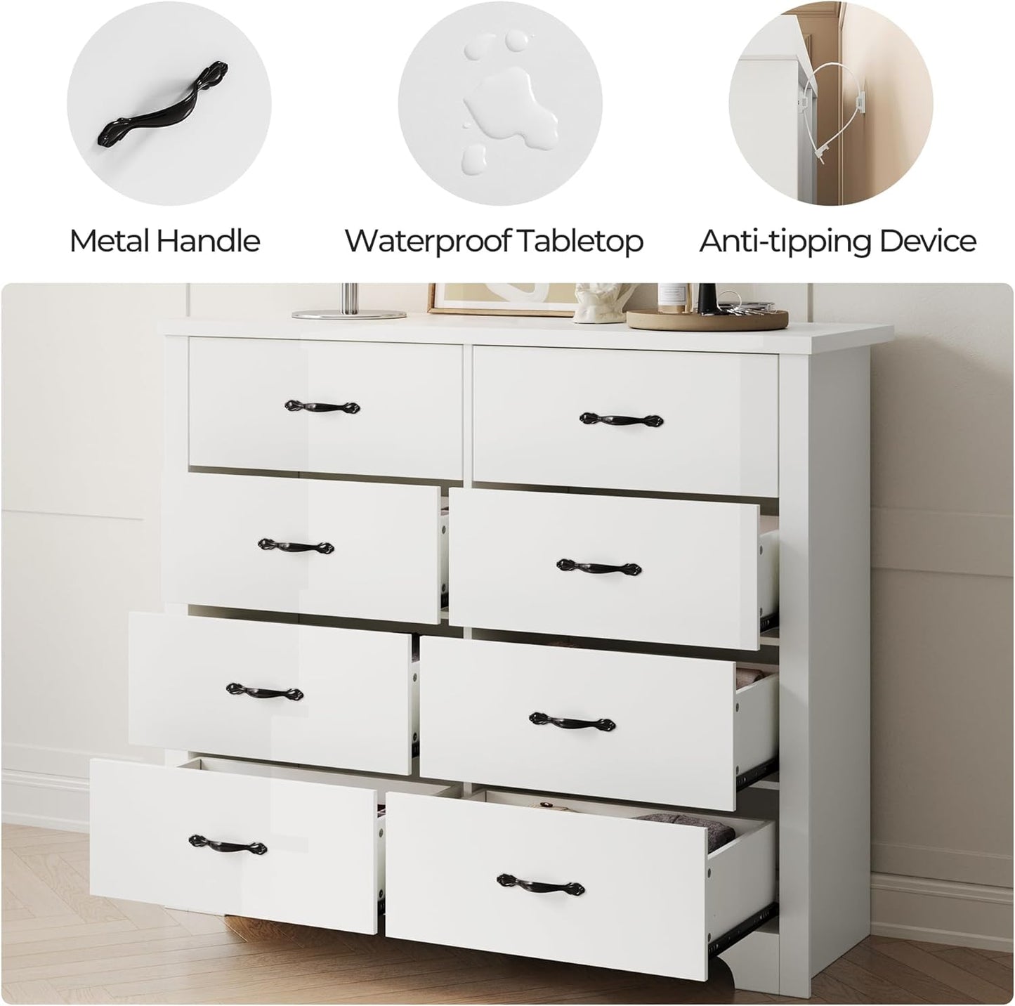LINSY HOME White 8-Drawer Dresser - Modern Bedroom Chest with Wide Drawers, Wood Storage Organizer for Bedroom or Living Room