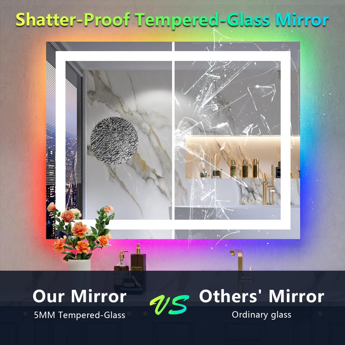 36x28 Inch RGB LED Bathroom Mirror Front Light and RGB Backlit Lighted Vanity Mirror for Bathroom Wall Mounted Dimmable Anti Fog Memory Shatter-Proof IP54 Waterproof Horizontal/Vertical