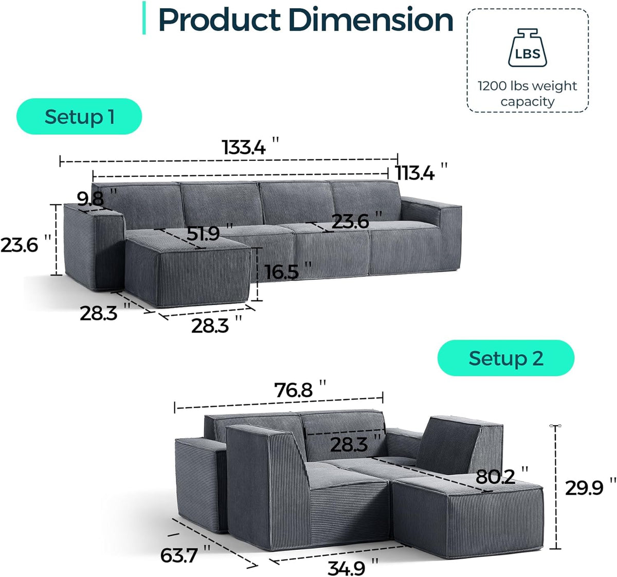 LINSY HOME Modular Sectional Sofa, 134" Boneless Couch L Shaped 4-Seat Sofa with Movable Ottoman, Corduroy Sectional Cloud Couches for Living Room, No Assembly Required, Bluish Grey
