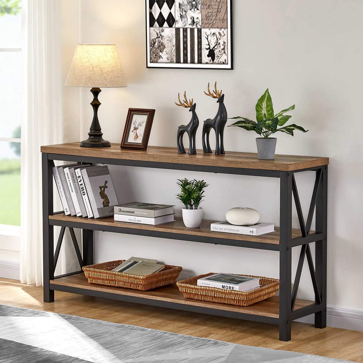 FATORRI Console Table for Entryway, Wood Sofa Table, Rustic Hallway Tables with 3-Tier Shelves for Living Room, Foyer (55 Inch, Rustic Oak)