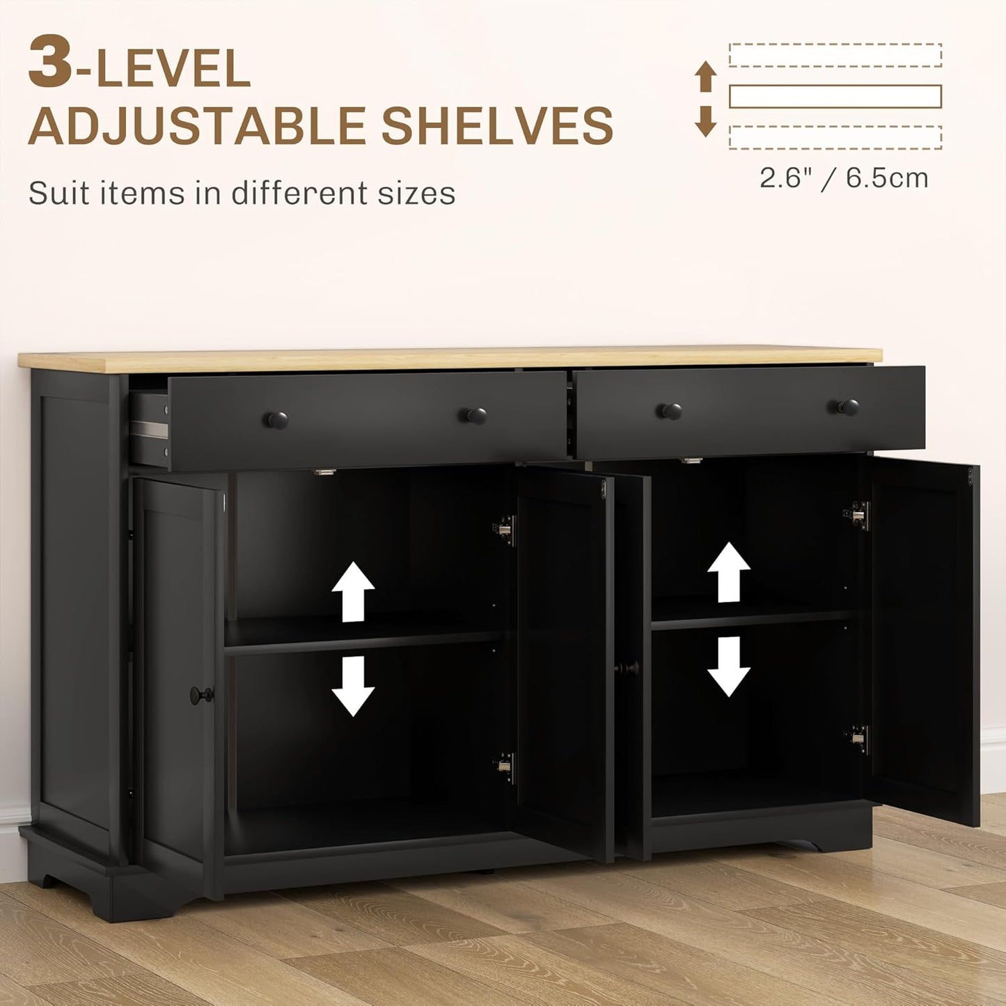 HOMCOM Sideboard Buffet Cabinet with Storage, 55" Modern Kitchen Cabinet with 4 Doors, 2 Drawers and 2 Adjustable Shelves, Coffee Bar, Black