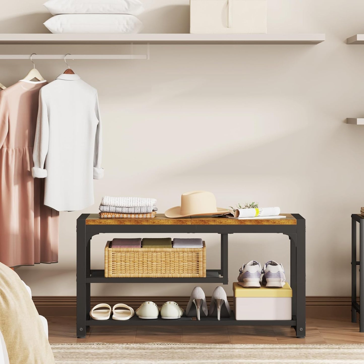 HOMEFORT Shoe Bench,3 Tiers Shoe Rack Bench,31.5" Shoe Storage Bench for Entryway, Retro Industrial Entry Bench with Mesh Shelves and Boot Storage,for Front Door Entrance, Rustic Brown