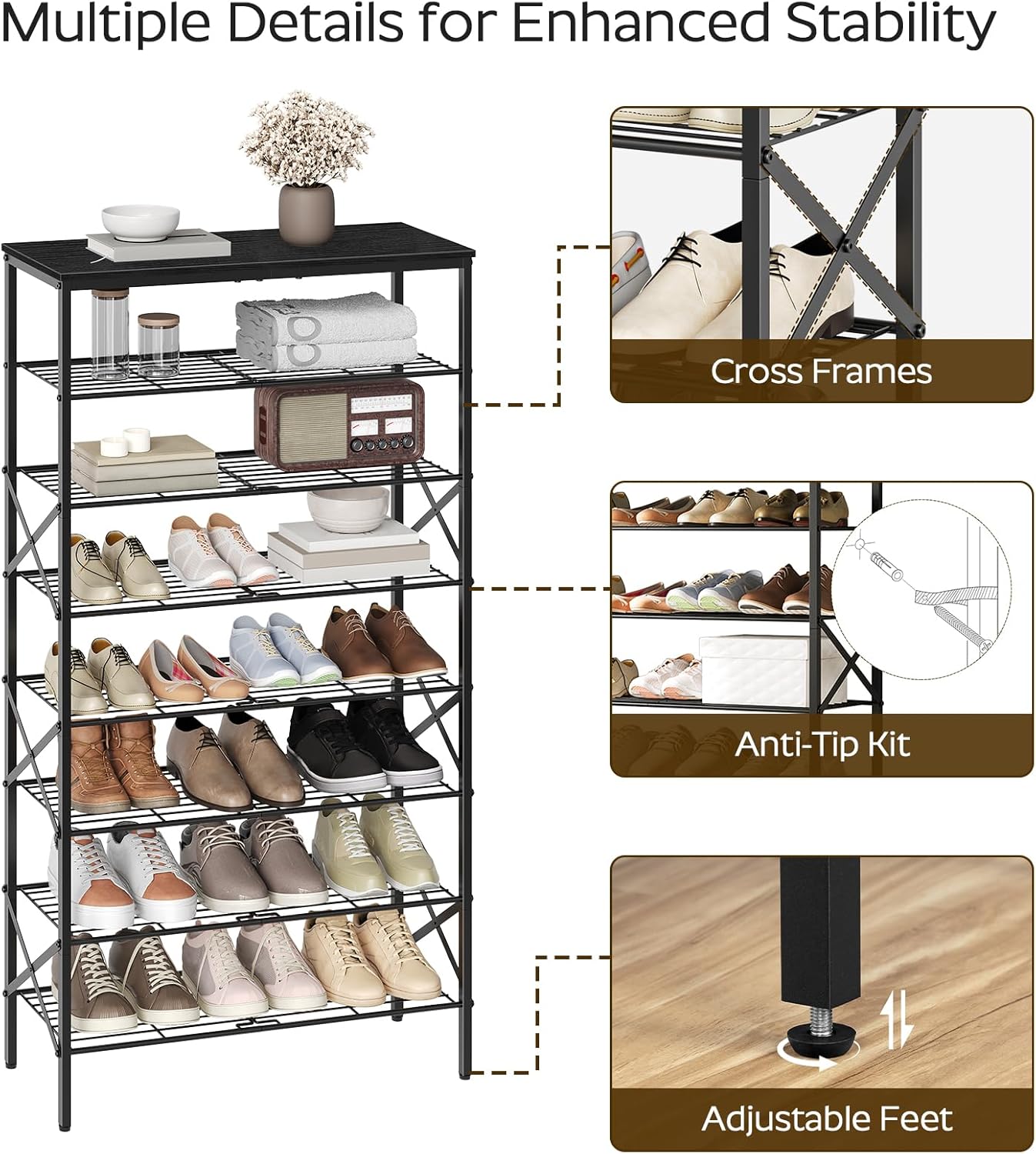 8 Tier Shoe Rack, Large Capacity Shoe Storage Organizer Holds 32 Pairs, Sturdy and Stable, for Entryway, Hallway, Closet, Dorm Room, Black SS08BB