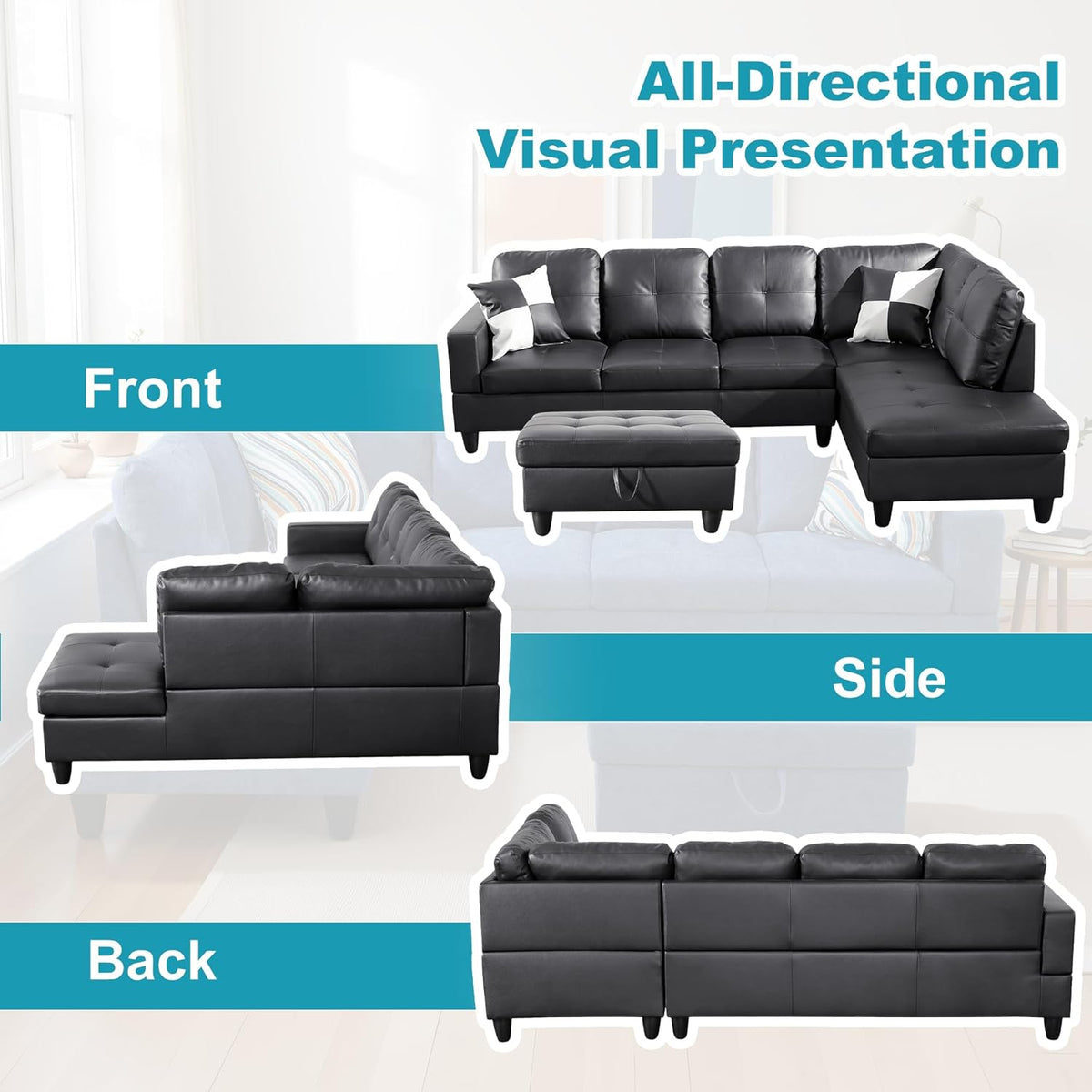 Couches for Living Room Faux Leather L Shaped Couch Comfy 3 Pieces Sectional Sofa with Chaise, Ottoman with Storage for Office and Small Apartment, Black