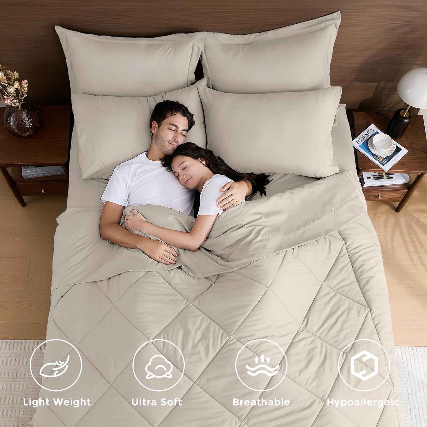 HEVUMYI Beige Tan Twin Comforter Set - 5-Piece All Season Bed in a Bag Twin, Ultra Soft Bedding Set with Comforter, Flat Sheet, Fitted Sheet, Pillowcases, Pillow Shams, Beige Tan