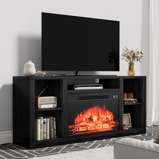 YESHOMY Electric Fireplace TV Stand for Televisions up to 65+ Inch, Media Entertainment Center Console Table with Four Open Storage Shelves & Cabinets, 58 Inch, Dark Black