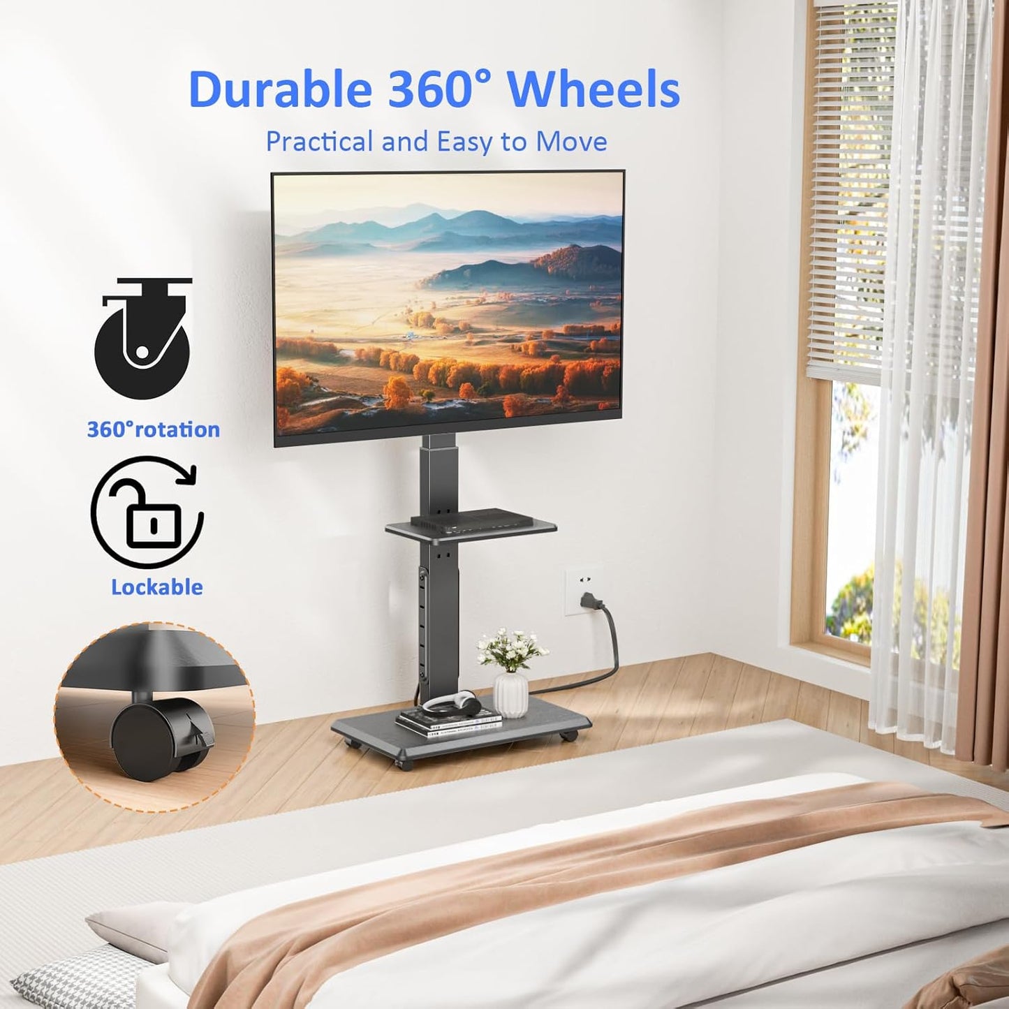 Rolling TV Stand with Power Outlet, Mobile TV Cart for 32-75 Inch TVs up to 110 lbs, 18 Adjustable Heights, Max VESA 600x400mm, TV Floor Stand with Swivel Mount/Shelf/Wheels, Fits for Bedroom, Outdoor