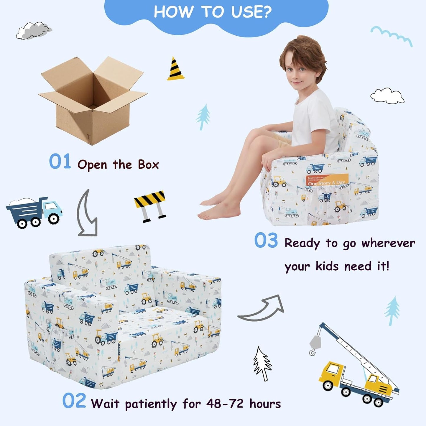 Viviland Kids Chairs for Toddler,2-in-1 Soft Toddler Couch Fold Out,Convertible Soft to Lounger Toddke Chair Comfy for Girls and Boys,White Bottom Excavator