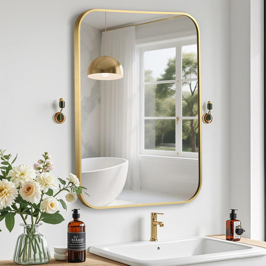 Gold Bathroom Mirror, 22x30 Inch Aluminum Frame Rectangle Mirror, Anti-Rust, Tempered Glass, Wall Mirror for Over Sink, Vanity, Bedroom, Entryway, Horizontal/Vertical