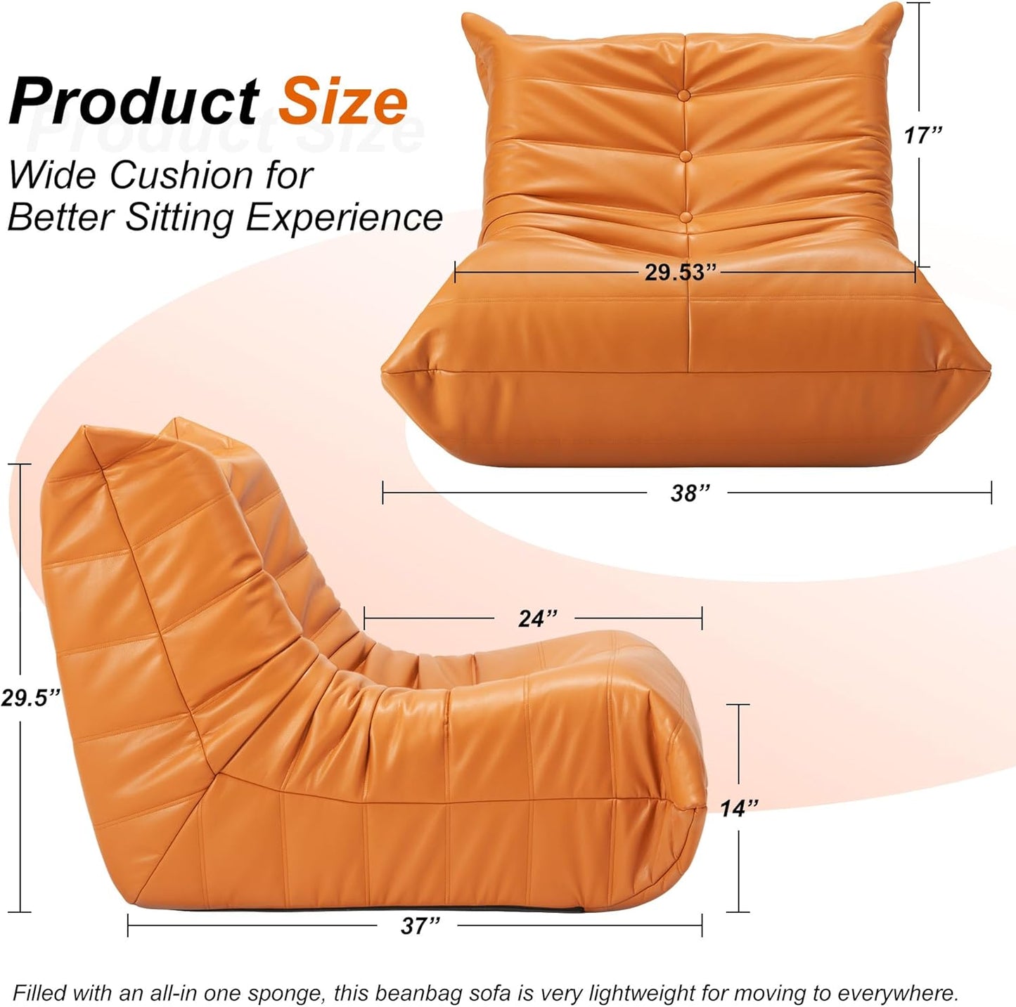 Hobestluk Giant Bean Bag Chair Lazy Floor Sofa, Memory Foam Fireside Sofa for Adults, Big Beanbag Faux Leather Armless Chair for Living Room Bedroom Dorm Office (Orange, Single)