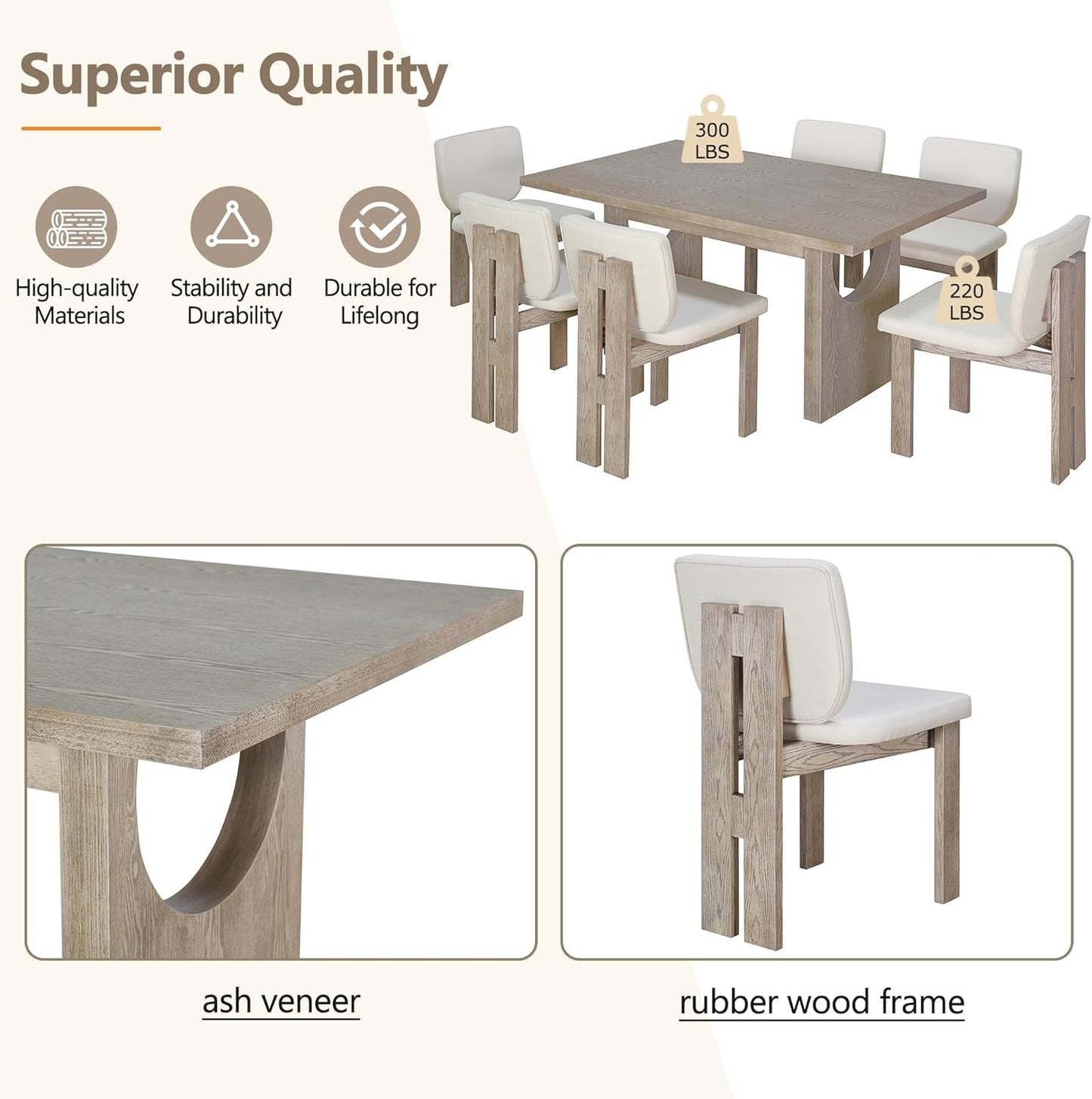 Ball & Cast 7-Piece Dining Table Set for 6 People, 59" Wood Dining Kitchen Table & Chairs Set, Dining Room Table with Trestle Base and 6 Upholstered Chairs, Perfect for Dining Room,Natural Wood Wash