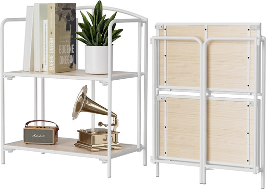 Crofy No Assembly Folding Bookshelf for Living Room, 2 Tier White Collapsible Book Shelf for Home Office, Portable Bookcase Storage Organizer