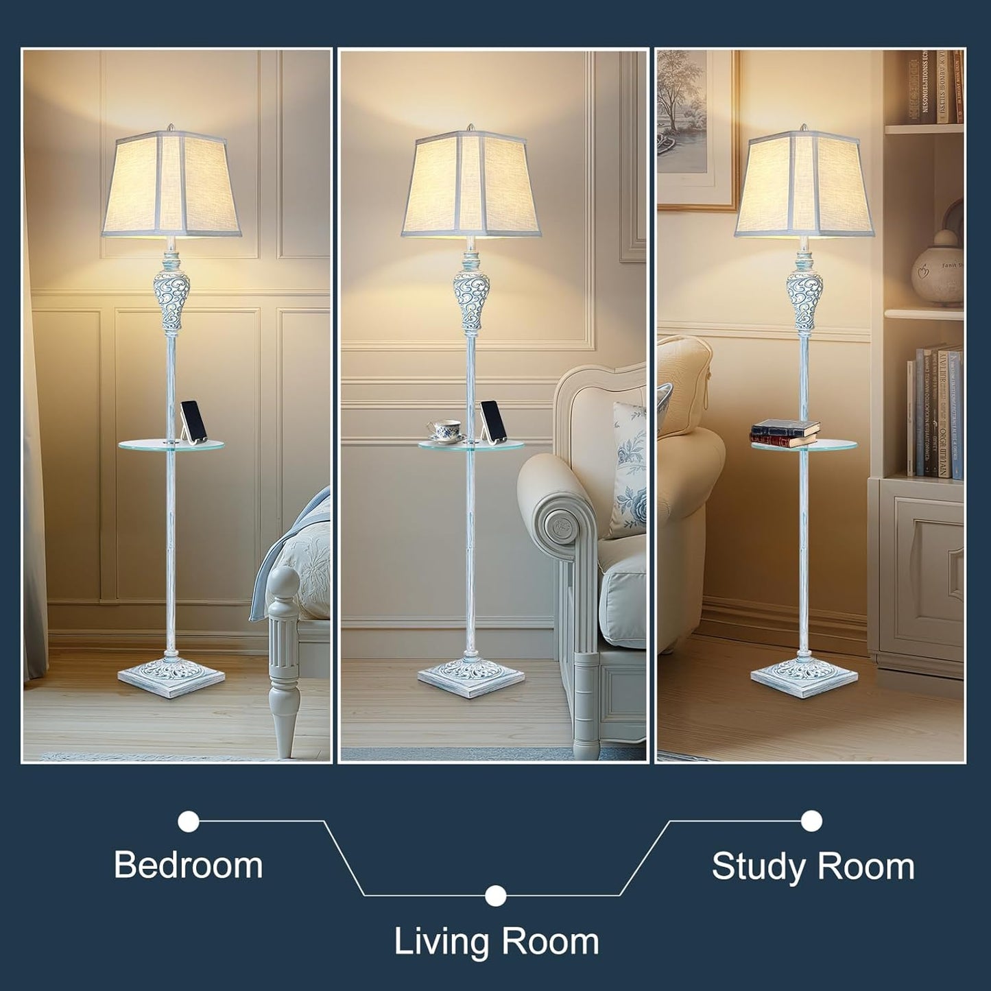 Vintage Floor Lamp with Night Light and Glass Tray, 65" High Retro Standing Lamp with Washed Blue Finish and White Linen Shade, Farmhouse Tall Lamp Decor for Living Room Bedroom House (Bulb Included)