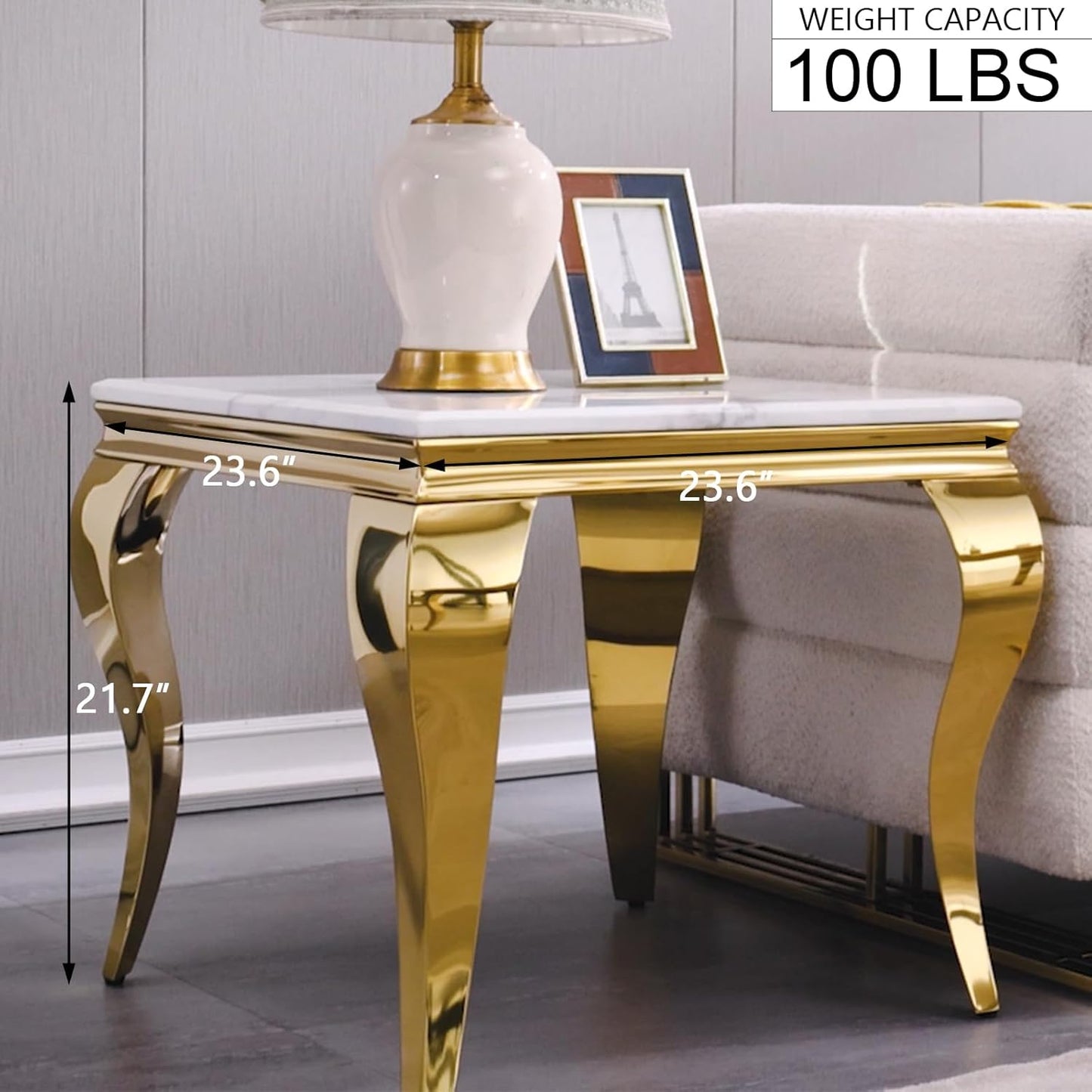 Gold End Table Set of 2, Modern White Living Room Side Table with Gold Metal Cabriole Legs, Square End Table for Sofa Couch, Living Room, Bedroom, Office