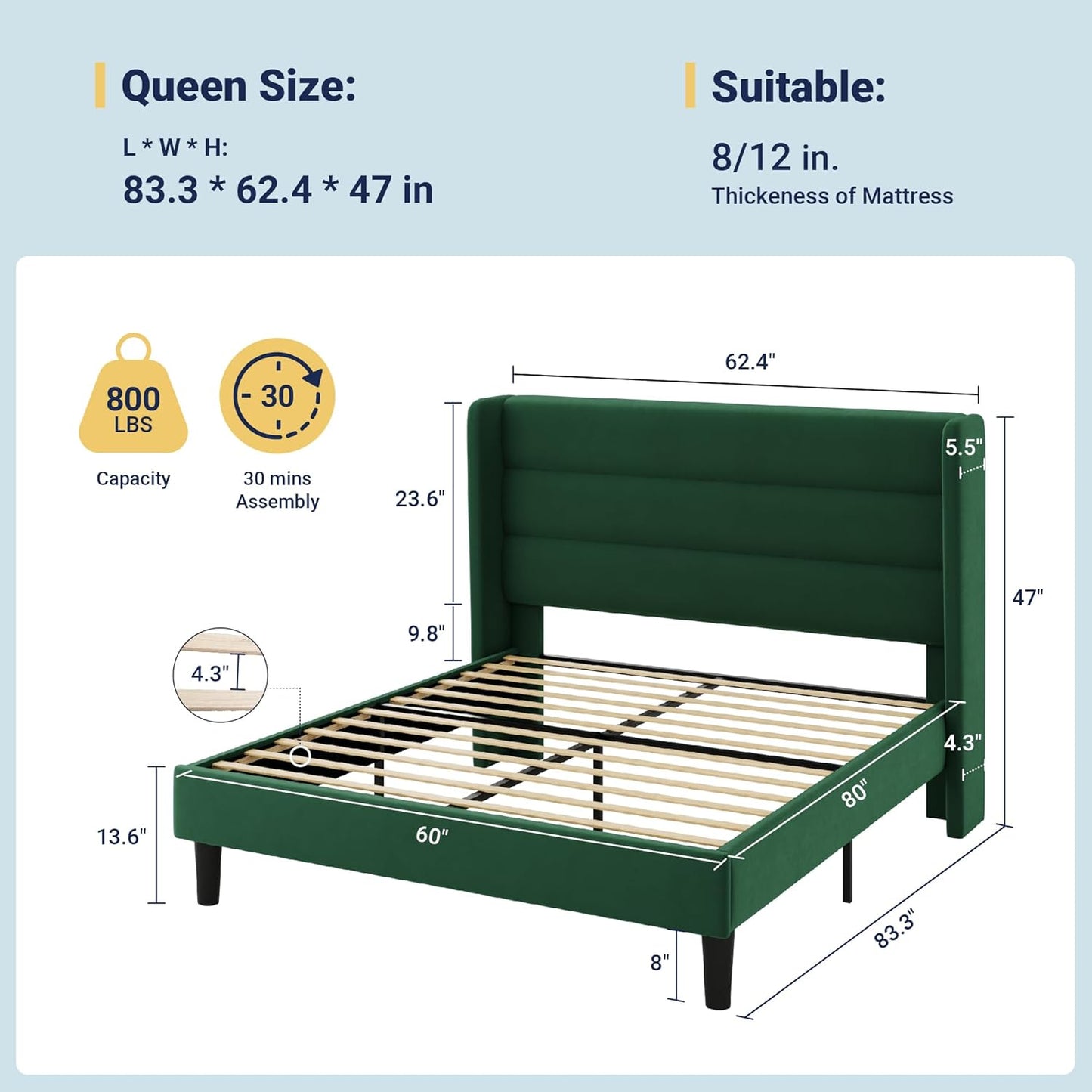 Allewie Queen Size Platform Bed Frame with Velvet Upholstered Wingback Headboard, No Box Spring Needed, Under Bed Storage Space, Strong Wooden Slats, Modern Mattress Foundation, Easy Assembly, Green