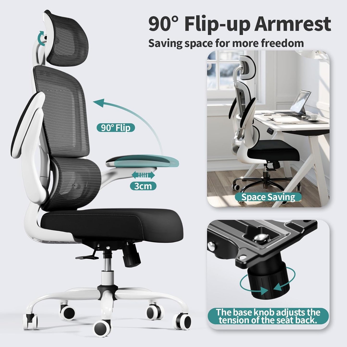 TRALT Office Chair Ergonomic Desk Chair, 330 LBS Home Mesh Office Desk Chairs with Wheels, Comfortable Gaming Chair, High Back Office Chair for Long Hours (Black & White)