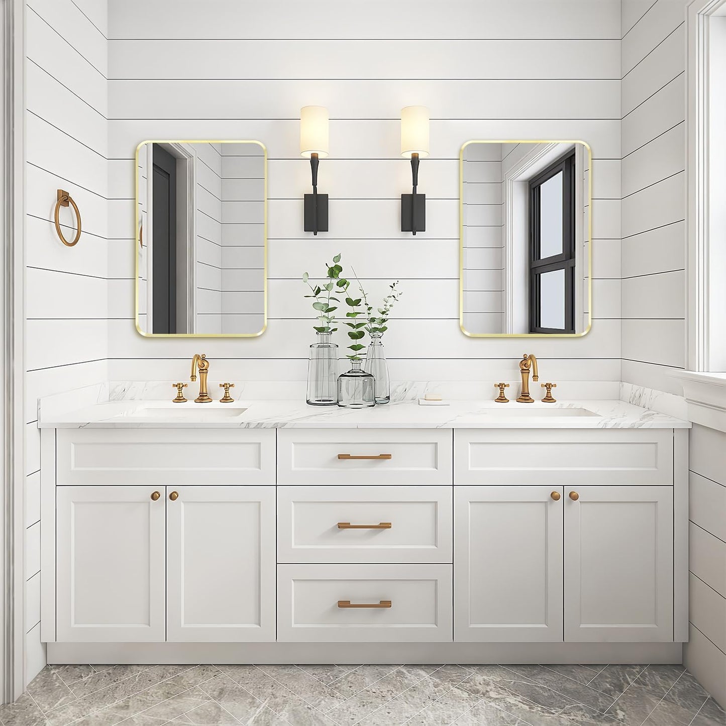 Wall Mount Mirror for Bathroom, Brushed Gold Metal Framed Rounded Corner Rectangular Vanity Mirror (18" x 24", Gold)