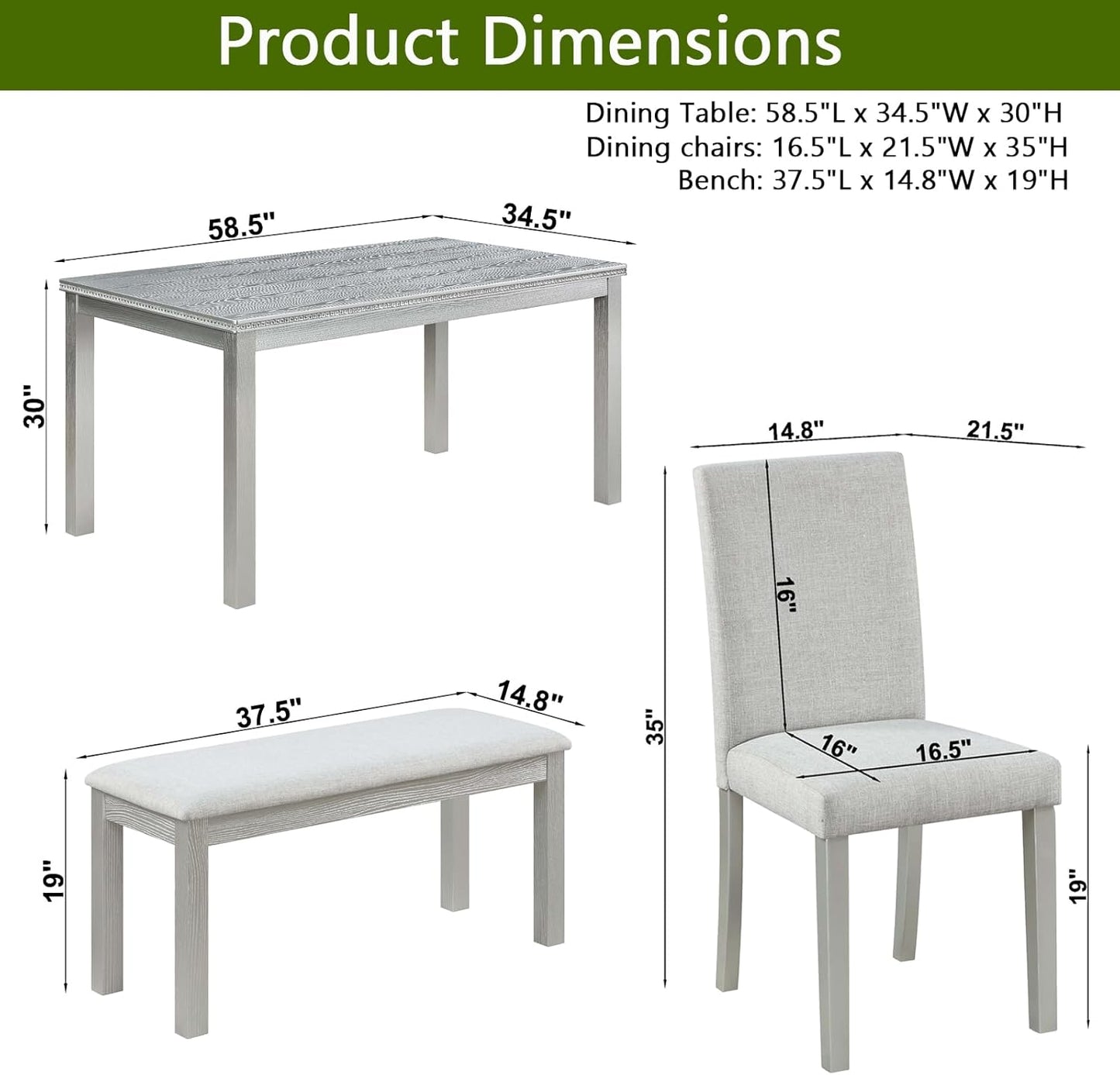 Ball & Cast 6 Piece Dining Table Set,Kitchen Table Set for 6 W/ 58.5" Rectangular Wooden Dining Table,Living Room Furniture W/ 4 Upholstered Chairs & 1 Bench,for Dining Room,Kitchen,Silver Grey