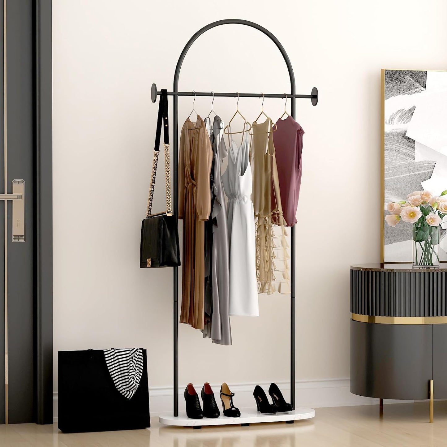 Black Clothing Rack, Modern Clothes Rack with Shelf, Heavy Duty Freestanding Coat Rack, Metal Coat Hanger Stand with Hooks for Boutique Office