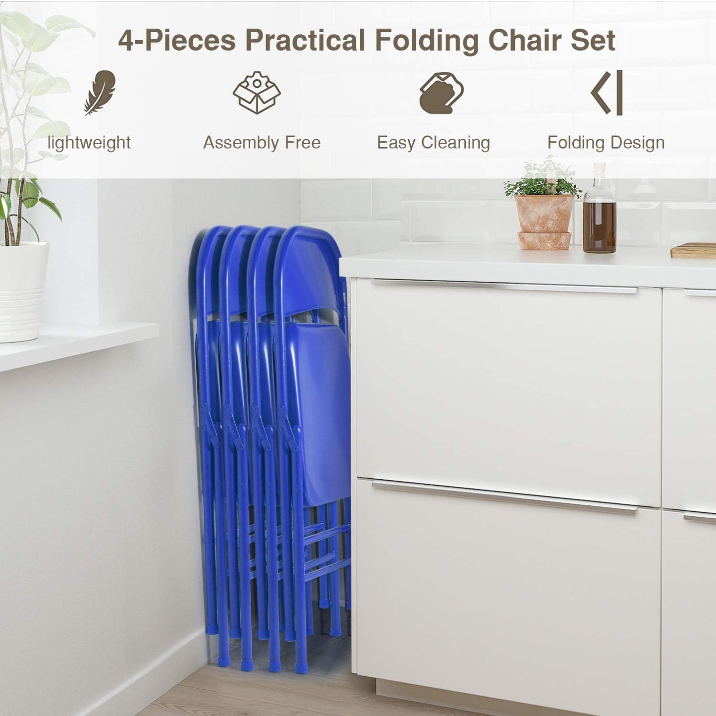 VECELO Metal Folding Chairs 4 Pack, Double Hinged Steel Frame Easy Foldable&Stackable for Office Kitchen Dinning Wedding Patio and Garden