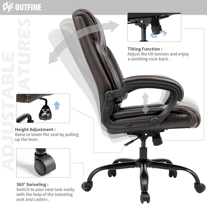 OUTFINE Office Chair Executive Office Chair Desk Chair Computer Chair with 5-Year hydrolysis-Resistant Leather Spring Cushion Ergonomic Support Tilting Function Upholstered in Bonded Leather (Brown)