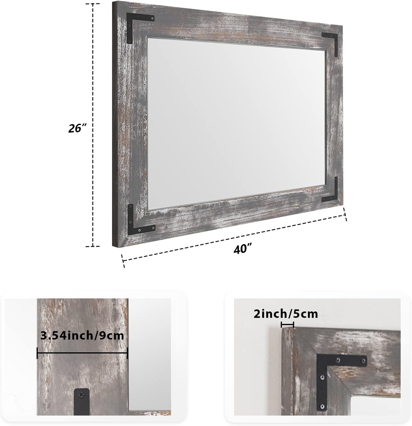 YOSHOOT Rustic Wooden Framed Wall Mirror, 40"x26", Natural Wood Bathroom Vanity Mirror for Farmhouse Decor, Vertical or Horizontal Hanging