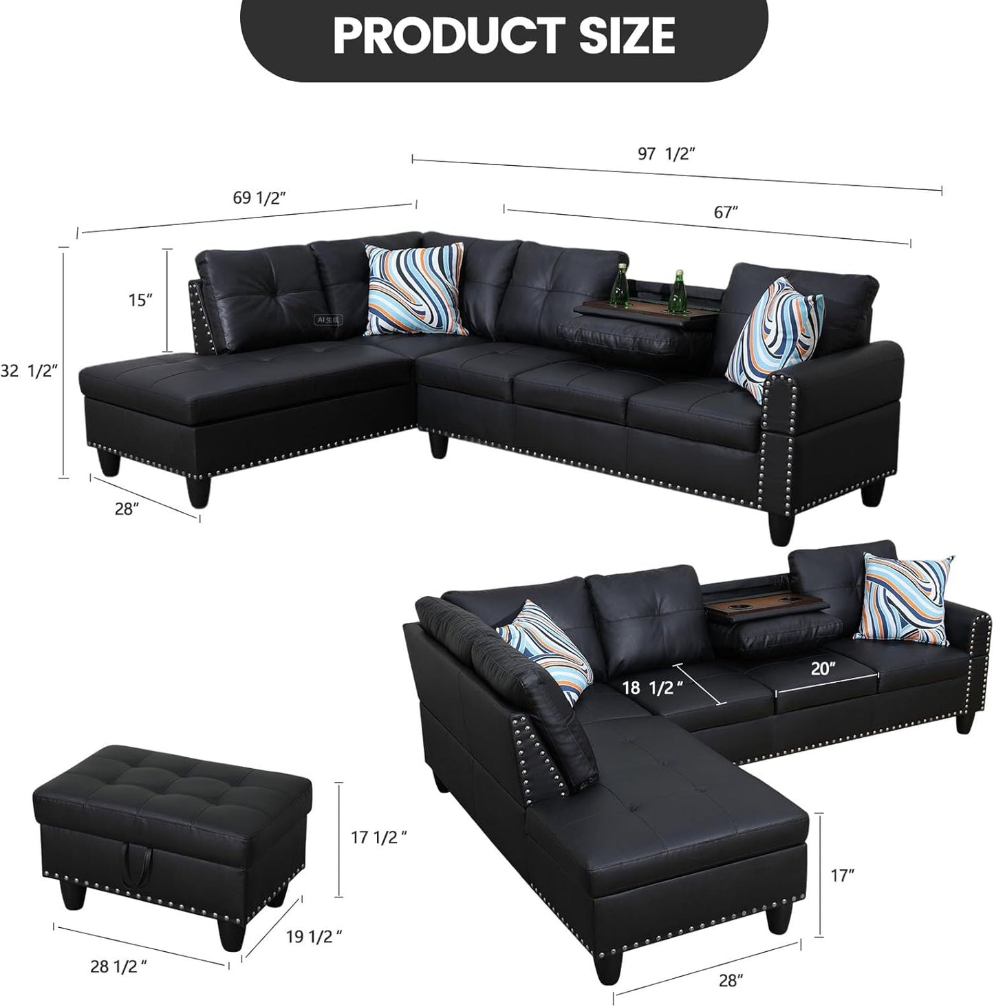 L Shaped Sectional Couch with Cup Holders, 97" Sectional Sofa for Living Room Modular Couches with Otttoman for Bedroom, Apartments