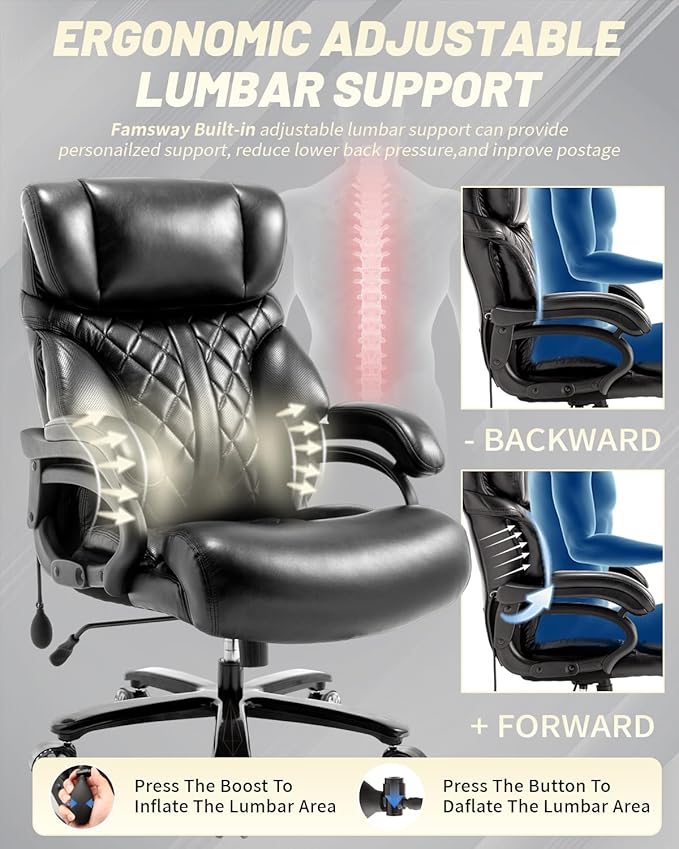 800LBS Big and Tall Office Chair for Heavy People, Extra Wide Seat and Adjustable Lumbar, Heavy Duty Executive Chair with High Back, Large Computer Desk Chair Comfortable for Home Office