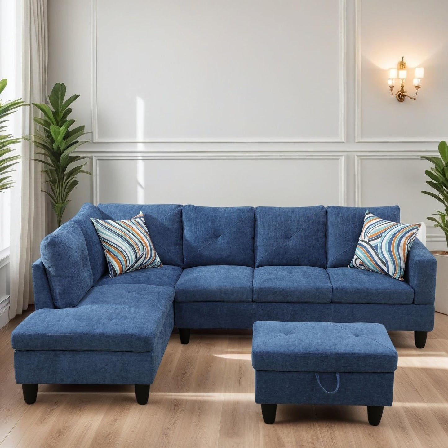 L Shaped Sectional Couches for Living Room, Modular 4 Seat Sofa with Ottoman Storage, Modern Couch with Chaise for Bedroom Apartment Furniture, Blue