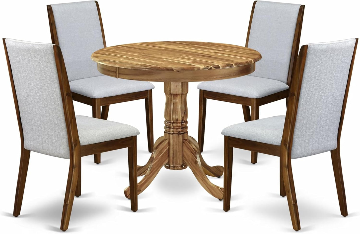 East West Furniture ANLA5-ANA-05 5 Piece Dining Room Table Set Includes a Round Kitchen Table with Pedestal and 4 Grey Linen Fabric Parson Dining Chairs, 36x36 Inch, Natural