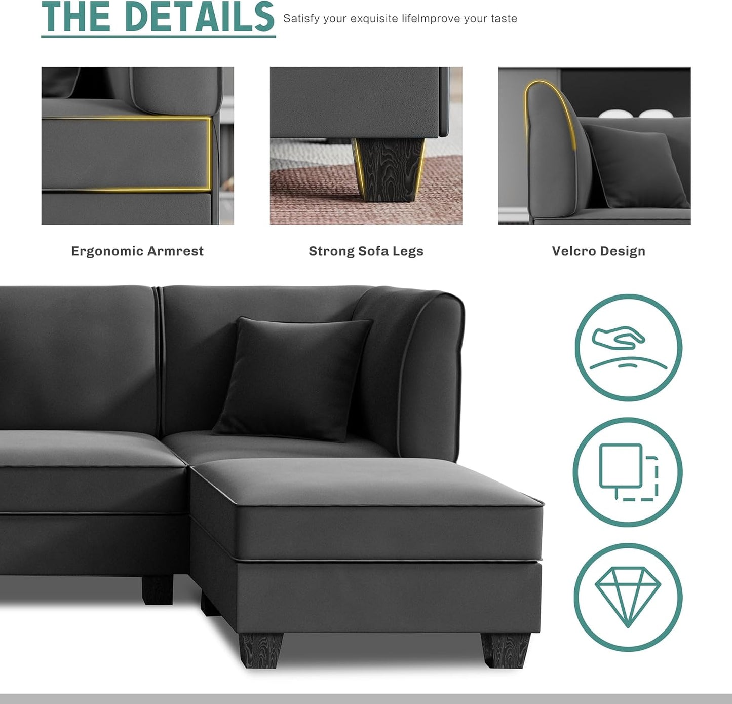 Shintenchi 6 Pieces Sectional Couch Modular Sofa,U Shaped Reversible Chaise Velvet SofaCouch with Cushions,Modular Sectional Sofa with Ottoman for Living Room (Dark Grey)