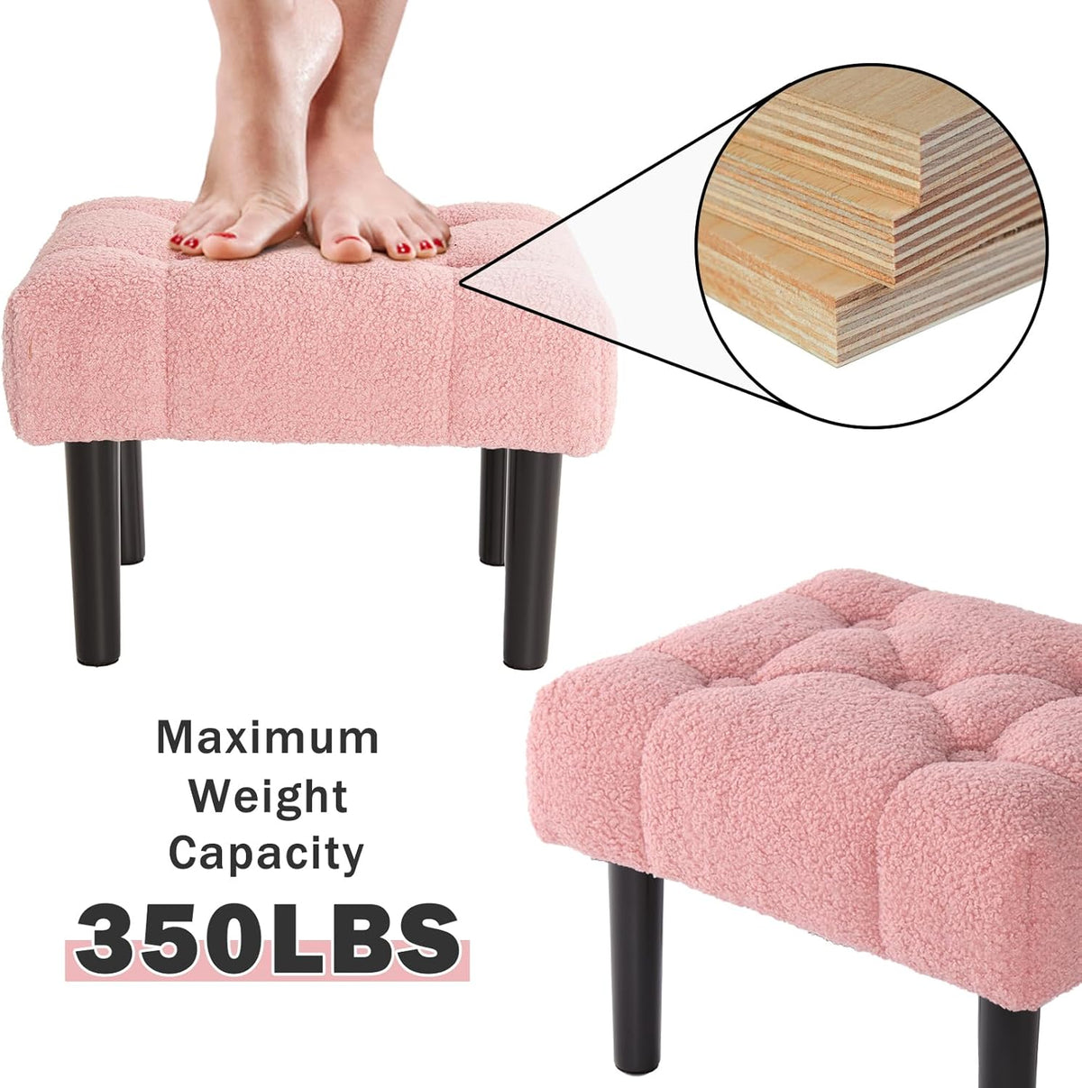 HOUCHICS Fur Padded Foot Stool, Small Ottoman Foot Rest with Wooden Legs,Modern Rectangle Chair Foot Rest Foot Step Stool for Living Room, Couch, Desk(Pink)