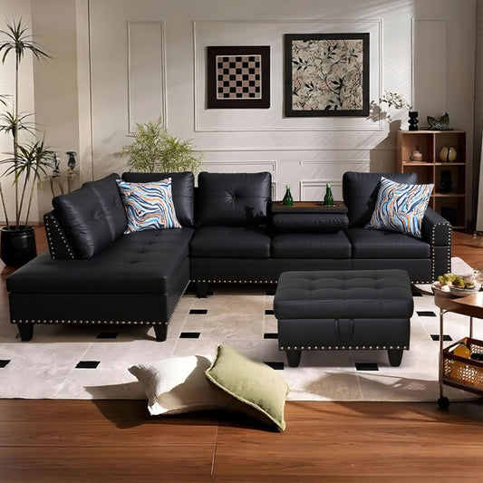 L Shaped Sectional Couch with Cup Holders, 97" Sectional Sofa for Living Room Modular Couches with Otttoman for Bedroom, Apartments