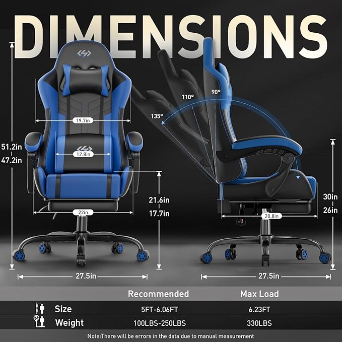 HLDIRECT Gaming Chair, Ergonomic Video Game Seat with 360° Swivel & Lumbar Massage, Computer Chair PU Leather Cushion for Adults Home/Office Use (Black & Blue)
