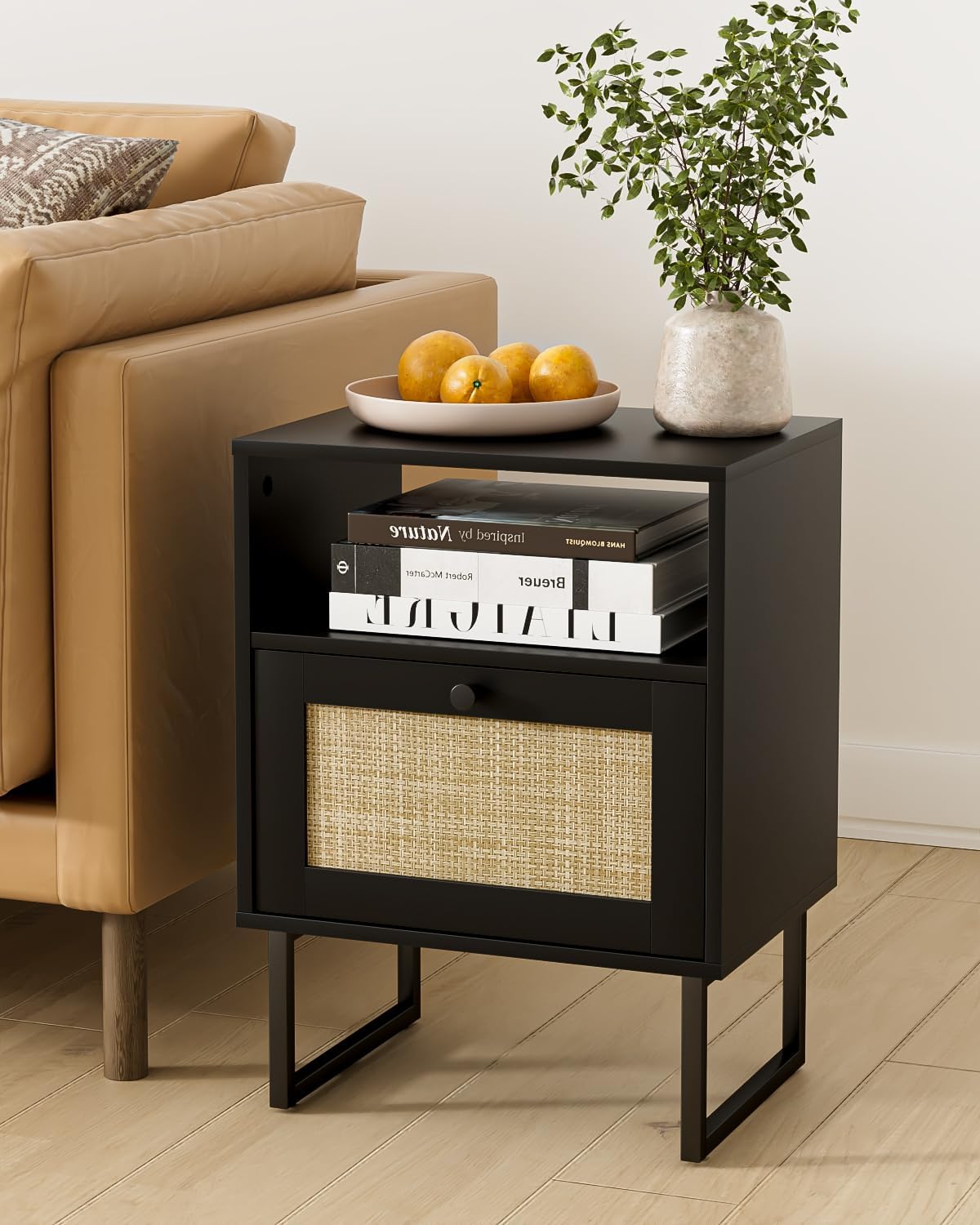 Rattan Nightstand, Boho Night Stand Farmhouse Wood Bedside Table with Storage and Open Shelf, End Side Accent Table for Bedroom,Living Room,Black