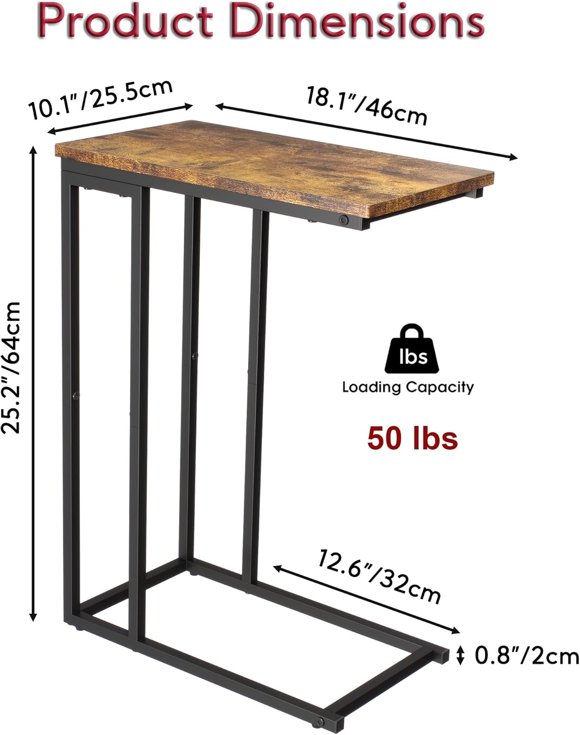 Yusong Small C Shaped End Table, Slim Couch Side Tables Slide Under Sofa Bed, Skinny Snack Tray Table for Coffee Laptop in Living Room,Easy Assembly, Rustic Brown