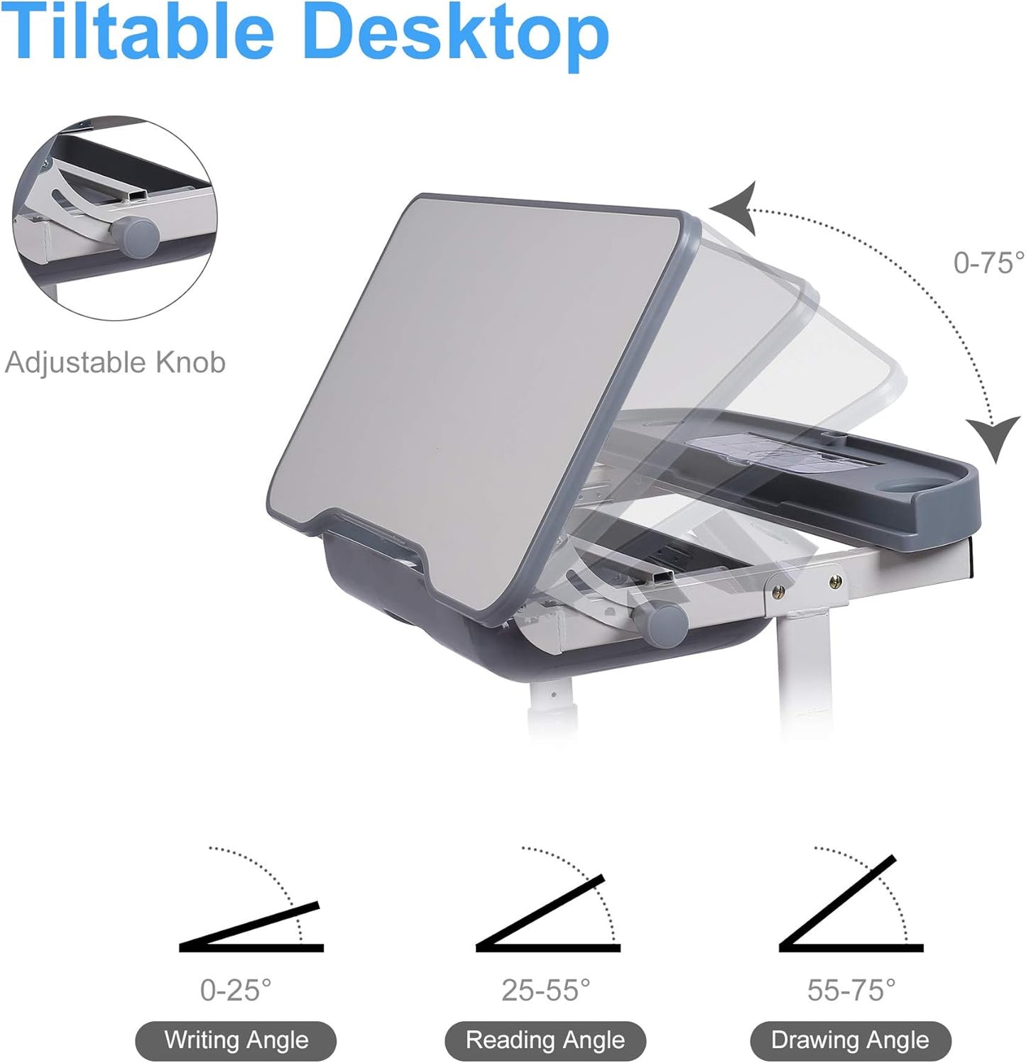 Kids' Desk and Chair Set, Height Adjustable Child's School Study Writing Tables with Tilt Desktop, LED Light, Storage Drawer, Book Stand(Grey)