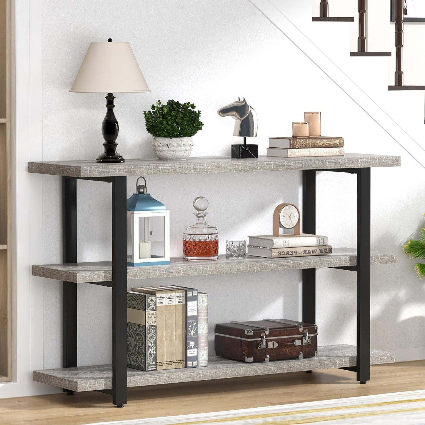FOLUBAN Sofa Table, Wood Entryway Table with Storage Shelves for Living Room, Modern Console Tables for Hallway, Entrance, or Behind Couch, Light Grey, 47 Inch