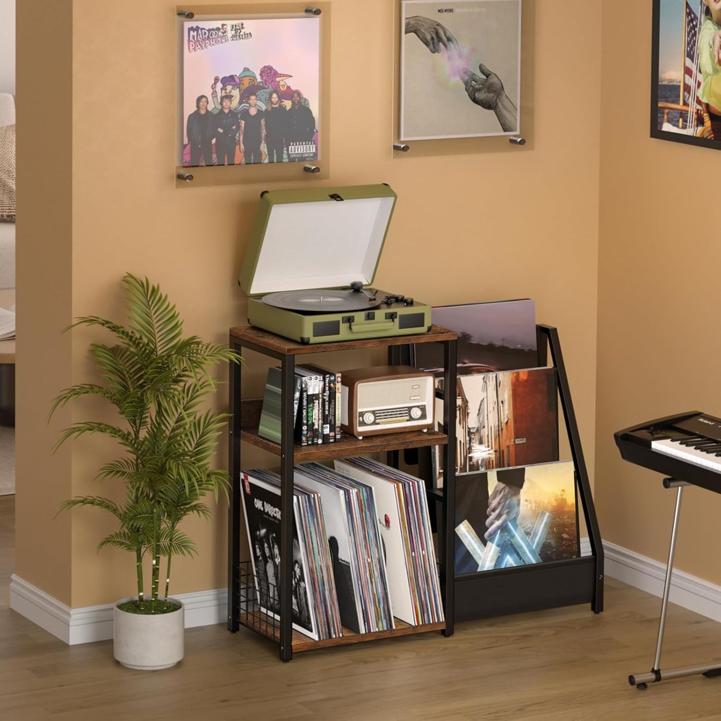 LELELINKY Record Player Stand with Vinyl Storage, 3 Tier Turntable Stand with Display Shelf Storage Up to 150 Albums,Brown End Table for Living Room