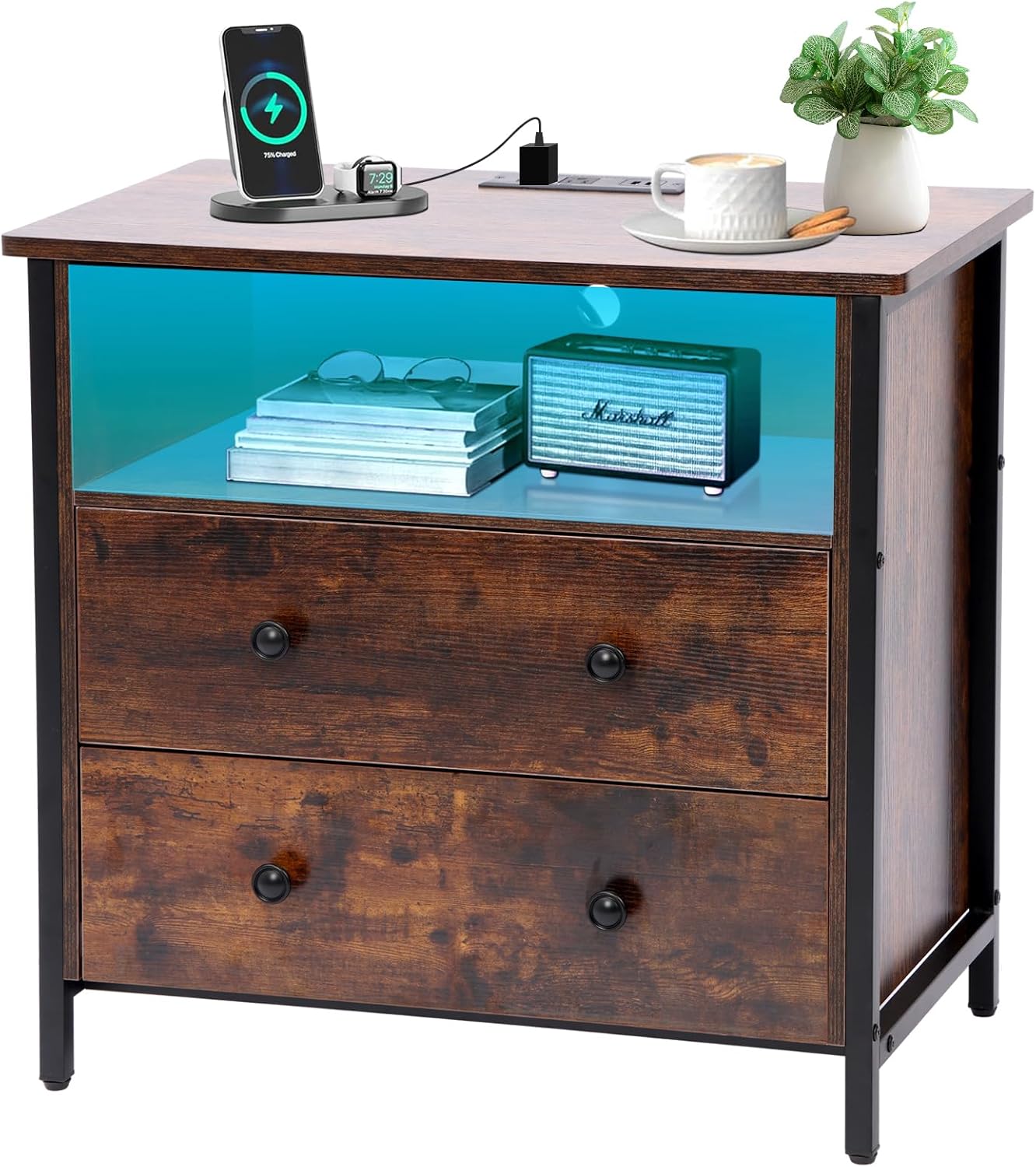 27 Inch Wide Night Stand, Large Wood Night Stand with 2 Drawers, LED Nightstand with Charging Station and Adjustable Drawer, Bedside Table for Living Room/Bedroom/Study/Office, Retro.