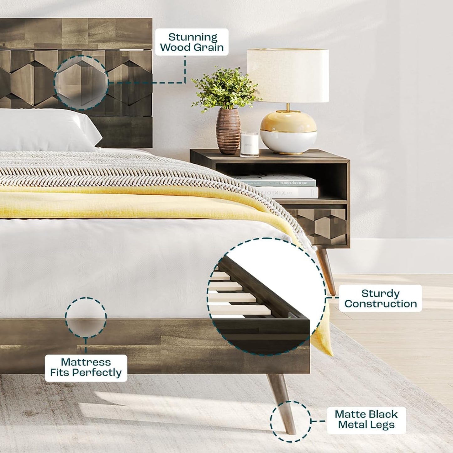 Bme Georgina Signature Bed Frame with Handcrafted Geometric Headboard, Mid Century Modern, Solid Acacia Wood, No Box Spring Needed, 12 Strong Wood Slats Support, Easy Assembly, Walnut, Queen