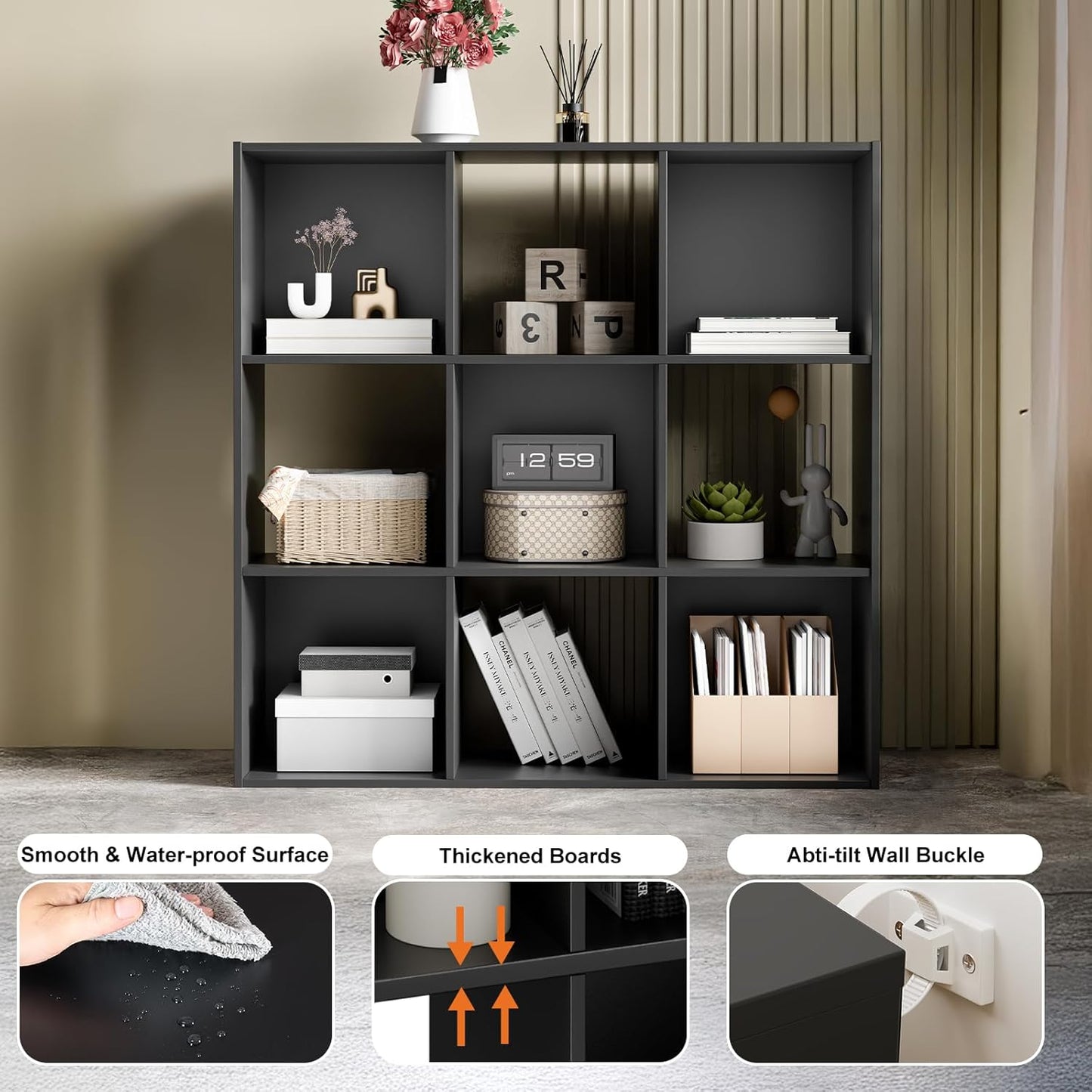 Sweetcrispy 9 Cube Storage Organizer - Open Cube Bookshelf with 5 Removable Back Panels, Display Storage Bookcase for Living Room, Bedroom, Entrance Hall, Home Office，36" L×11.6" W×36" H, Black