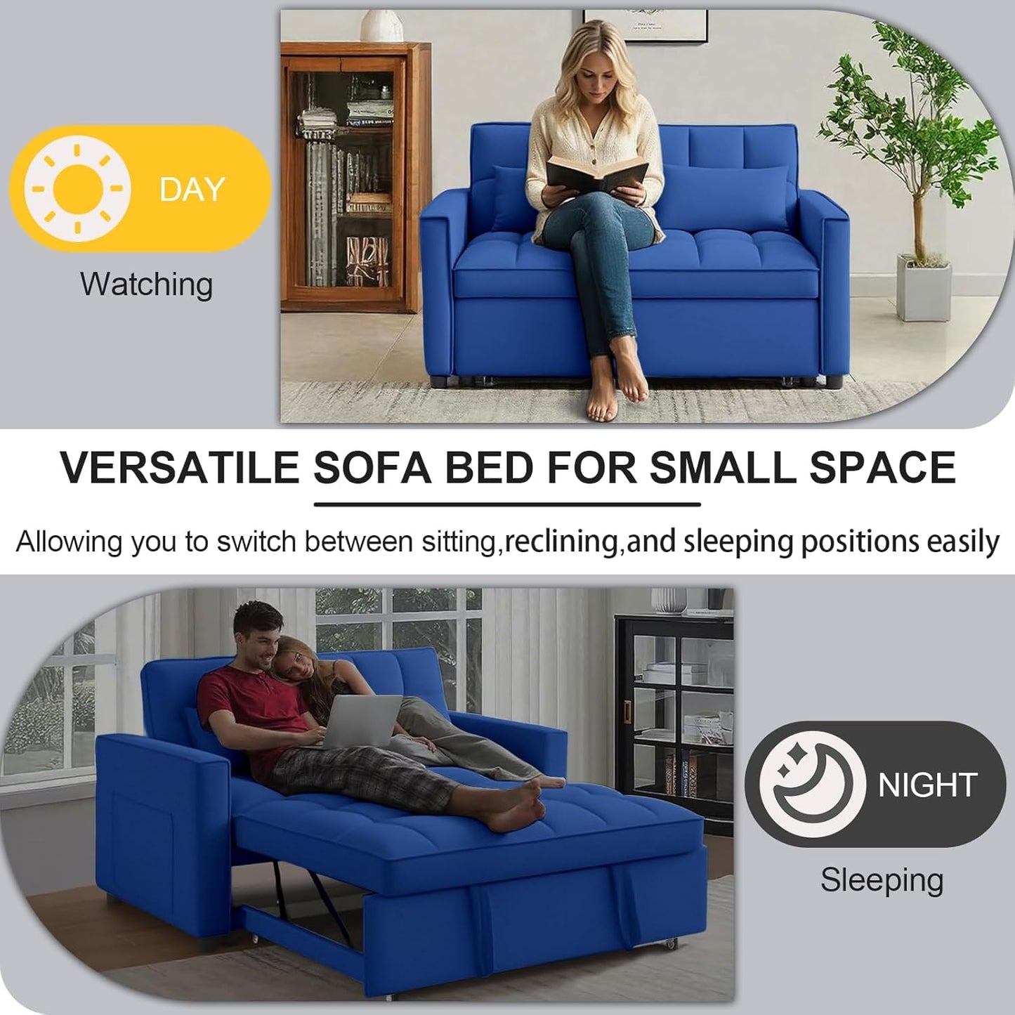 3 in1 Sofa Bed, Pull-Out Sleeper Sofa Bed with 3-Level Adjustable Backrest, Velvet Fabric Convertible Love Seat Sleepers Beds for Living Room & Bedroom & Apartment, Blue